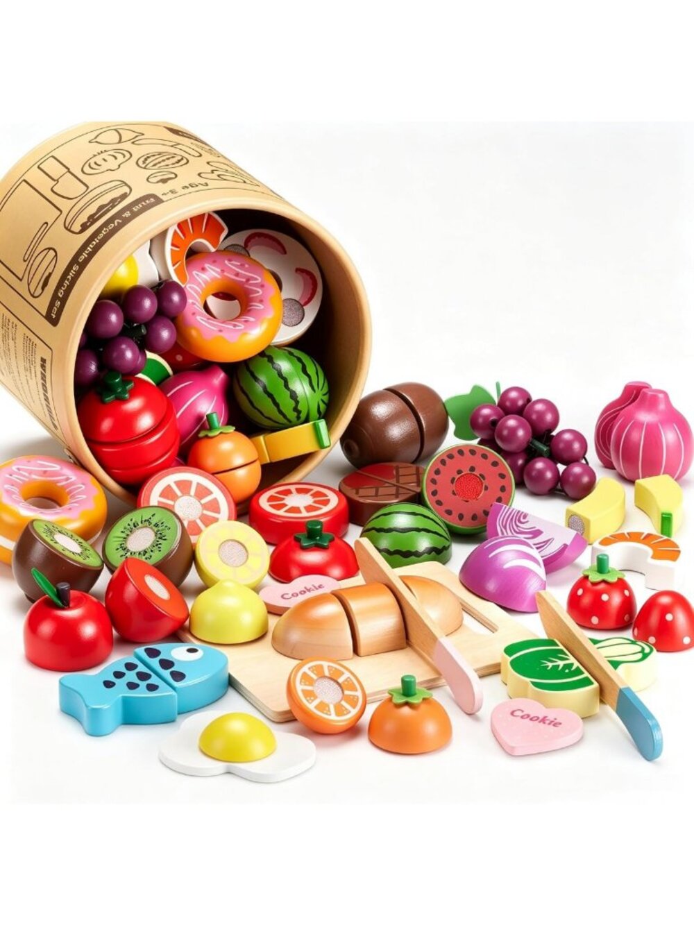 43 Pcs Wooden Play Food Set for Kids - Pretend Cutting Fruits & Veggies